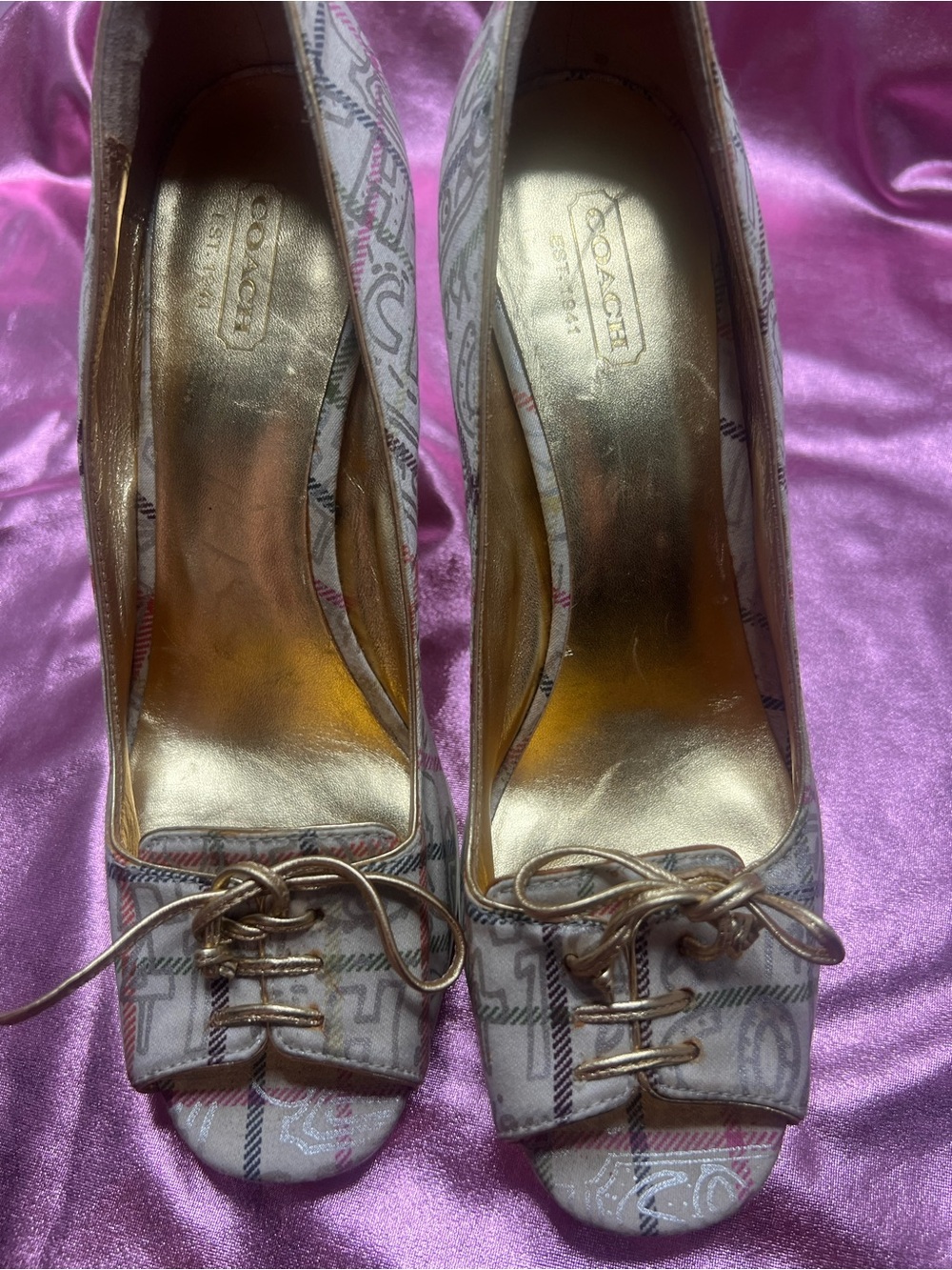 Coach Cream Plaid Peep-Toe Heels with Gold Accents